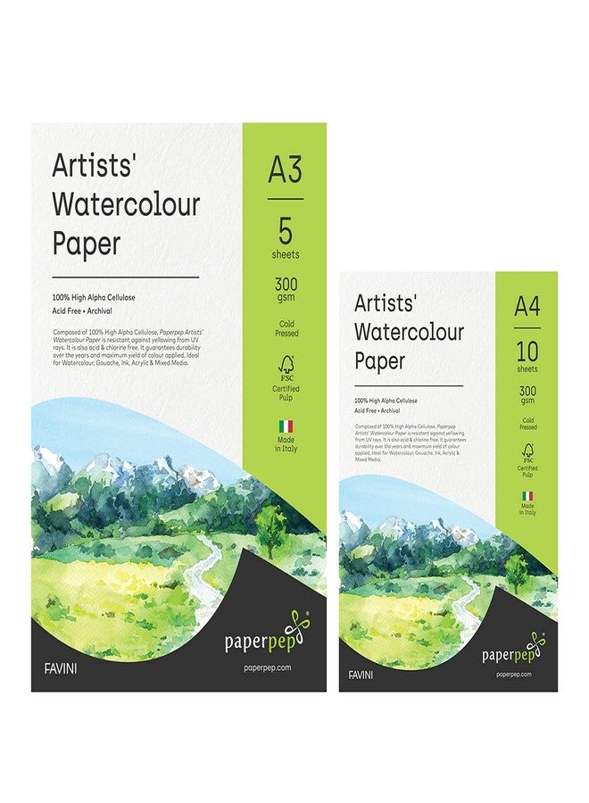 PaperPep Artists' Watercolour Paper 300GSM Cold Pressed A3 (Pack of 5) + A4 (Pack of 10) for Watercolour, Gouache, Ink, Acrylic, Wet & Mixed Media, Art Painting, Drawing for Artists' & Amateurs - Image 1